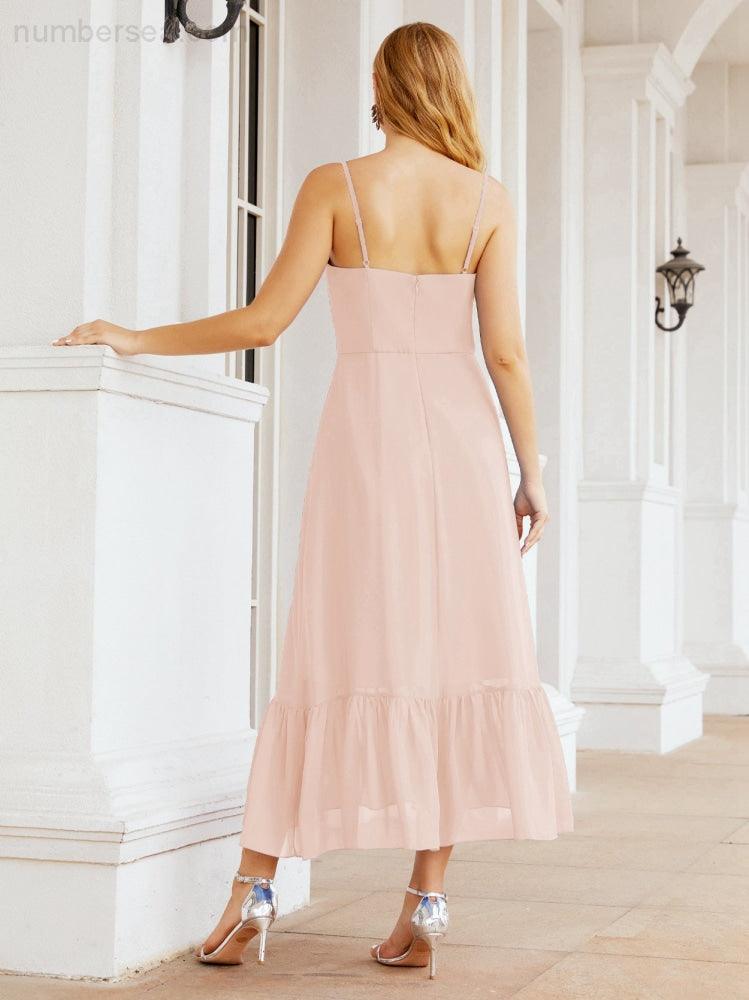 Numbersea Women Strap Chiffon Bridesmaid Dress Ankle Length Sleeveless Blackless Ruffle A Line