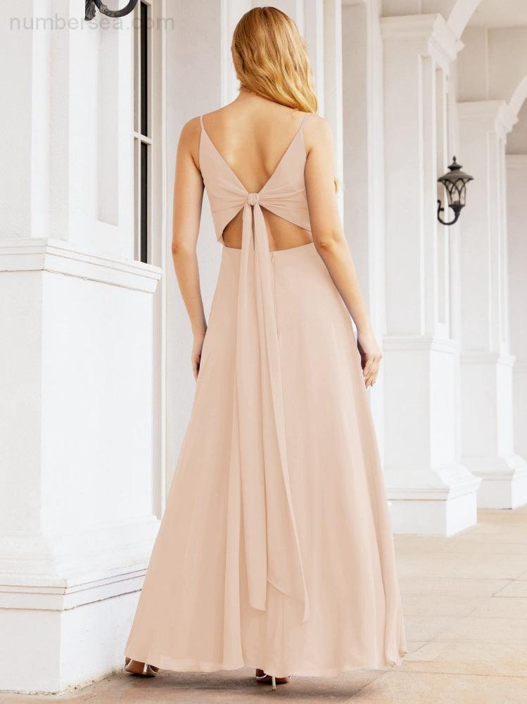Numbersea Spaghetti Strap Bridesmaid Dresses V Neck Butterfly Back Fromal Evening Party Prom Gown 28036-numbersea
