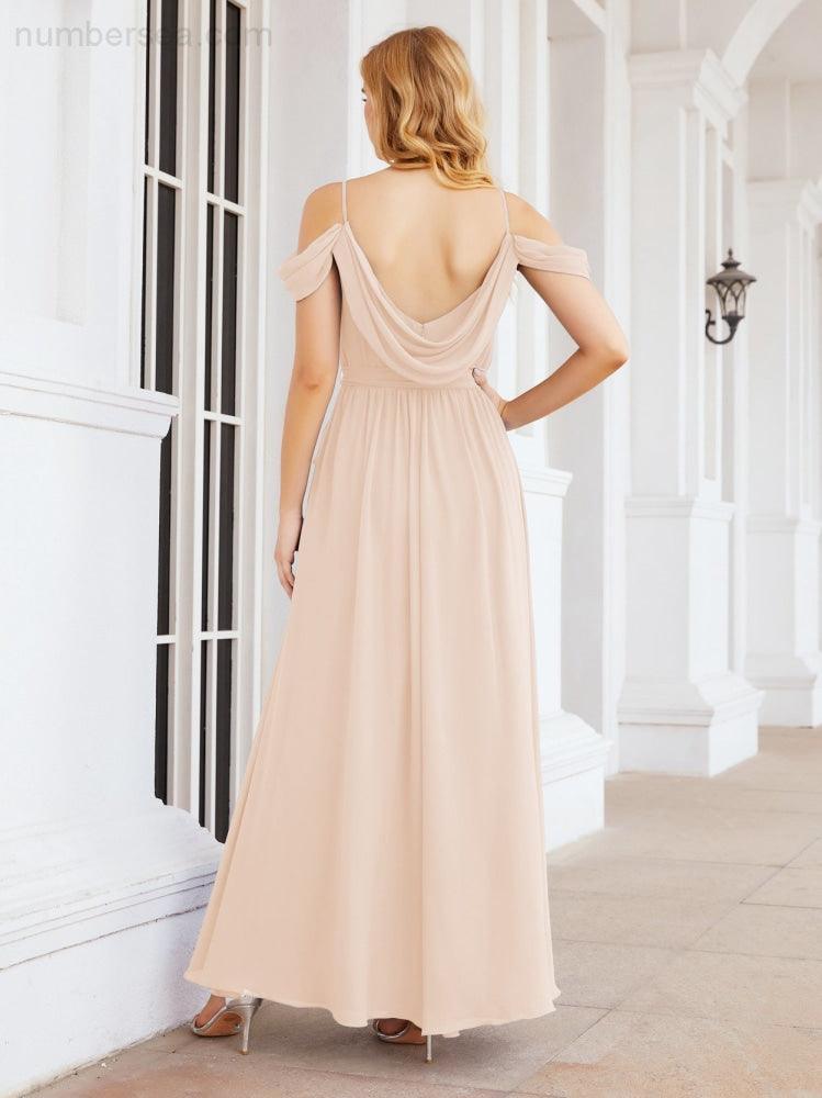 Numbersea Off The Shoulder Chiffon Bridesmaid Dress Long Formal Graduation Gown with Cowl Back 28069-numbersea