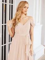 Numbersea Off The Shoulder Chiffon Bridesmaid Dress Long Formal Graduation Gown with Cowl Back 28069-numbersea