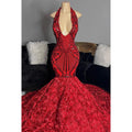 Vestido de fiesta de corte trompeta/sirena con escote en V, encaje, lentejuelas, apliques, espalda descubierta y sin mangas