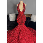 Vestido de fiesta de corte trompeta/sirena con escote en V, encaje, lentejuelas, apliques, espalda descubierta y sin mangas