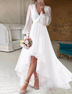 Vestidos de novia, vestidos blancos cortos, sencillos, corte A, escote en V, manga larga, asimétricos, de gasa, para bodas de verano.