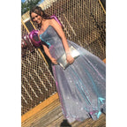 Vestido de fiesta largo de satén morado sin tirantes, corte A, brillante y con abertura 