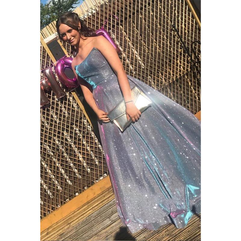 Vestido de fiesta largo de satén morado sin tirantes, corte A, brillante y con abertura 
