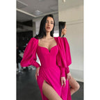 V-Neck Long Sleeves Satin Sheath Long Prom Evening Gown With Slit