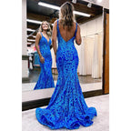 Vestido de fiesta largo de sirena con escote en V pronunciado y apliques de lentejuelas