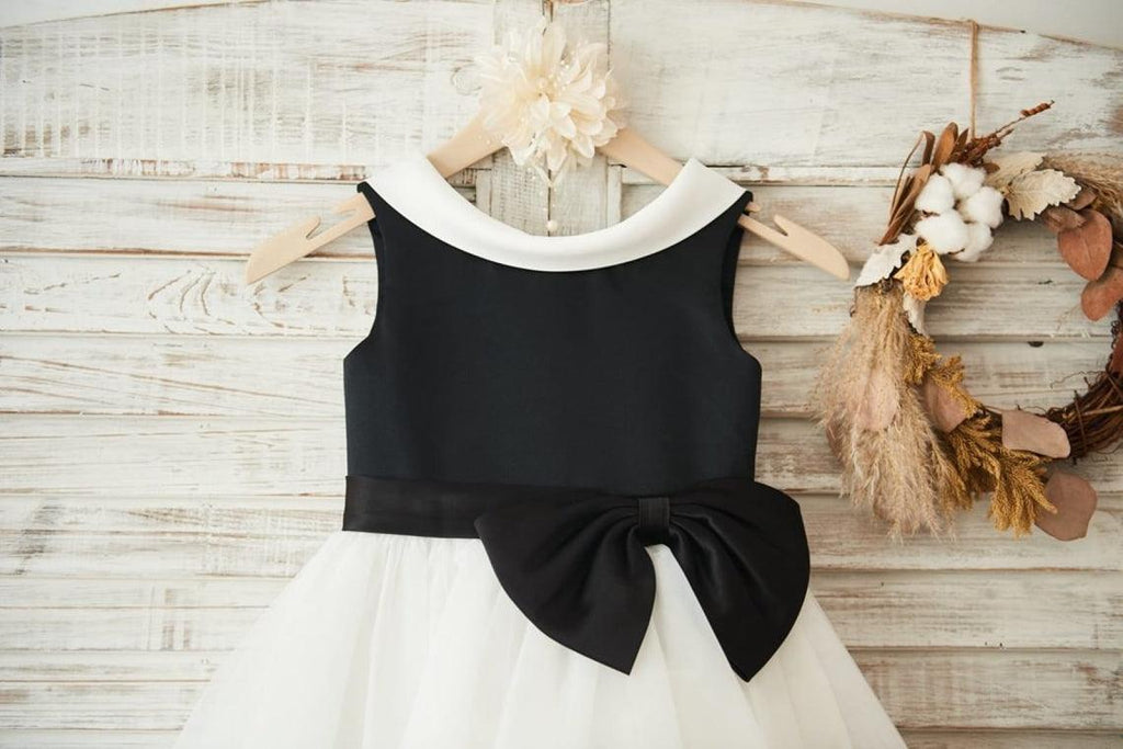 Vestido de niña de las flores negro hasta la rodilla de tul satinado 
