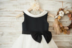 Vestido de niña de las flores negro hasta la rodilla de tul satinado 