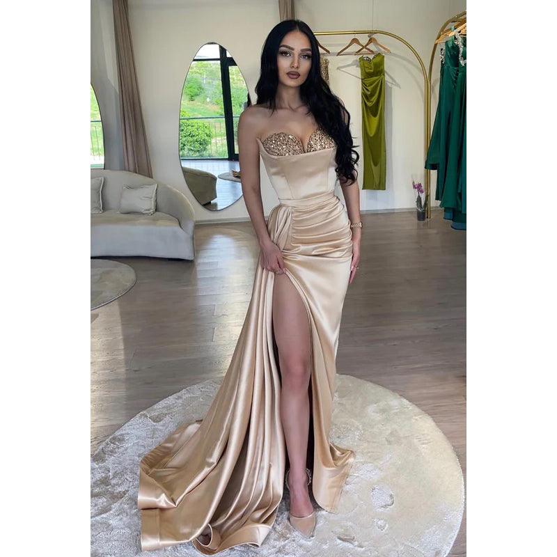 Vestido de noche largo de satén fruncido con lentejuelas y escote corazón sin tirantes para fiesta de graduación