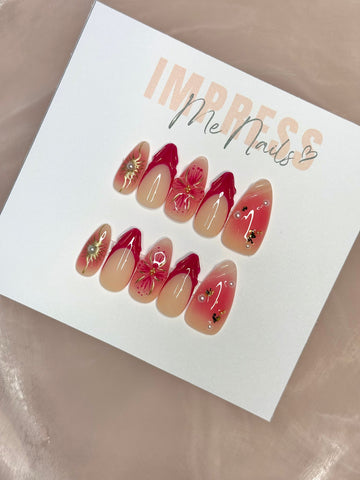 Uñas postizas de gel Magenta Bloom hechas a mano, uñas postizas a presión