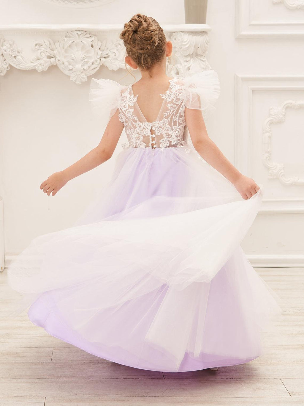 Vestido de niña de las flores con cola larga y tul con encaje desmontable 