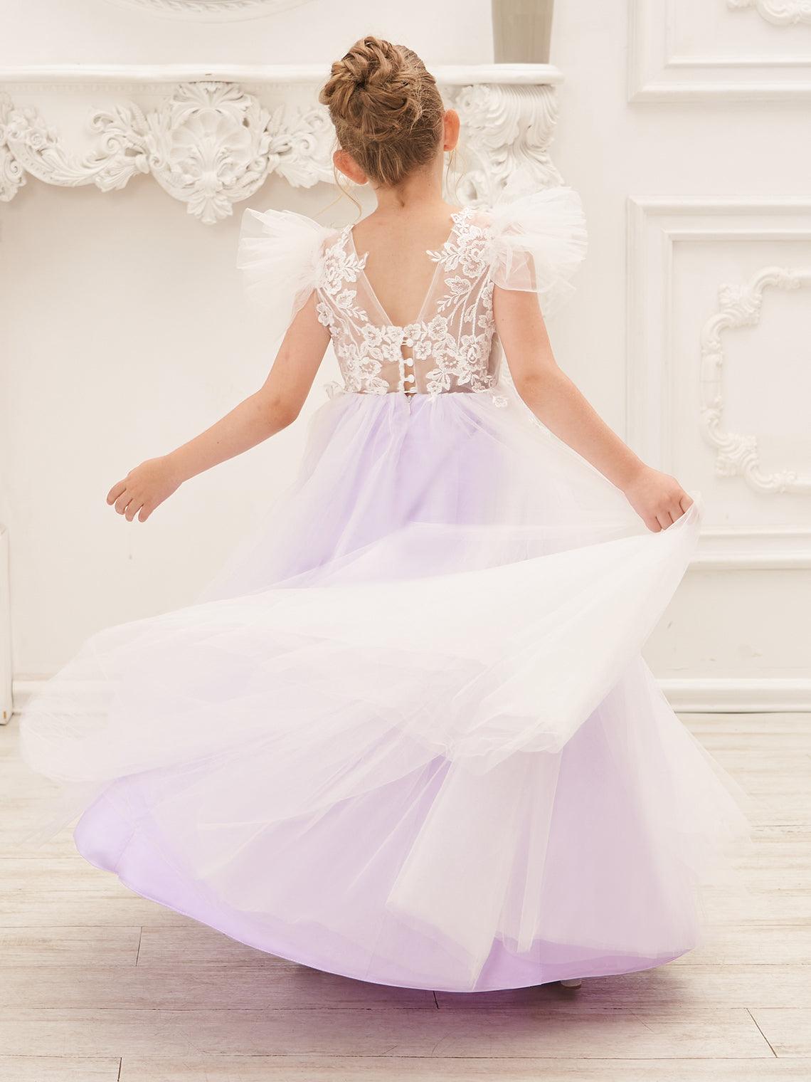 Vestido de niña de las flores con cola larga y tul con encaje desmontable 