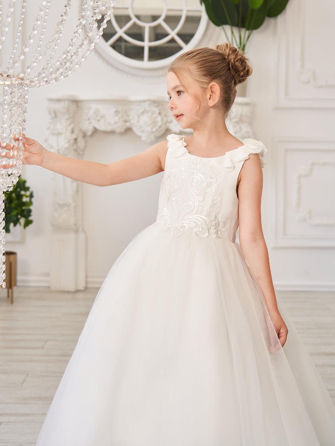 Elegante vestido de niña de las flores de tul blanco con cola larga 