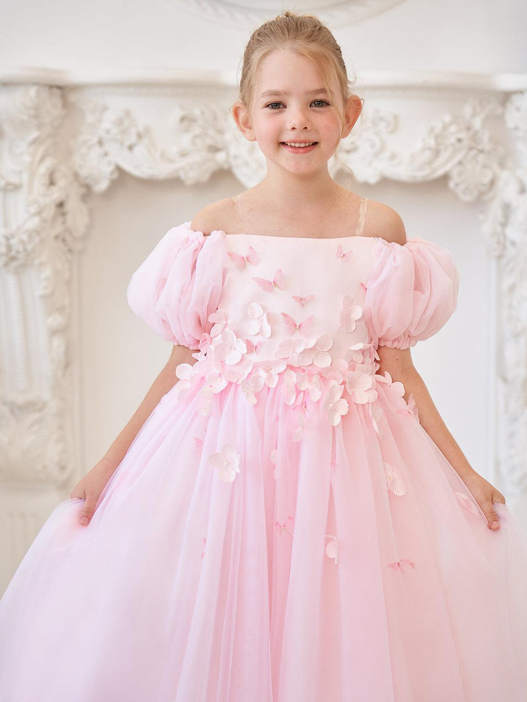 Vestido de tul para niña de las flores, largo hasta la rodilla, con mangas abullonadas y hombros descubiertos, apliques florales 3D 
