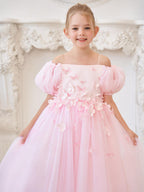 Vestido de tul para niña de las flores, largo hasta la rodilla, con mangas abullonadas y hombros descubiertos, apliques florales 3D 
