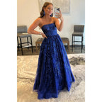 Vestido de fiesta largo de corte A con apliques de lentejuelas y bolsillos, sin tirantes