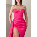 Strapless Beaded Ruched Satin Sheath Long Prom Gown With Slit