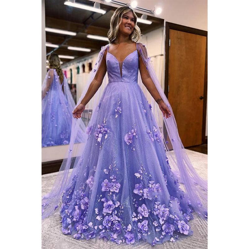 Vestido de fiesta largo con escote en V pronunciado y apliques 3D brillantes 
