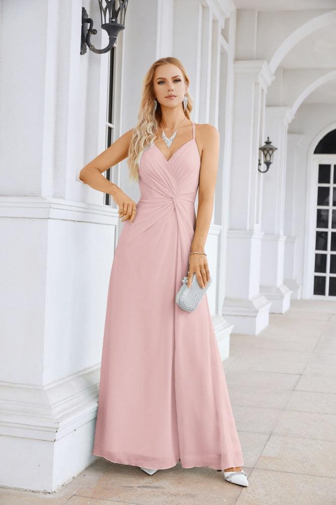 Ladies Chiffon Spaghetti Strap V Neck Front Slit Floor Length Bridesmaid Evening Dress Prom Party Wedding Evening Dress 28116-numbersea