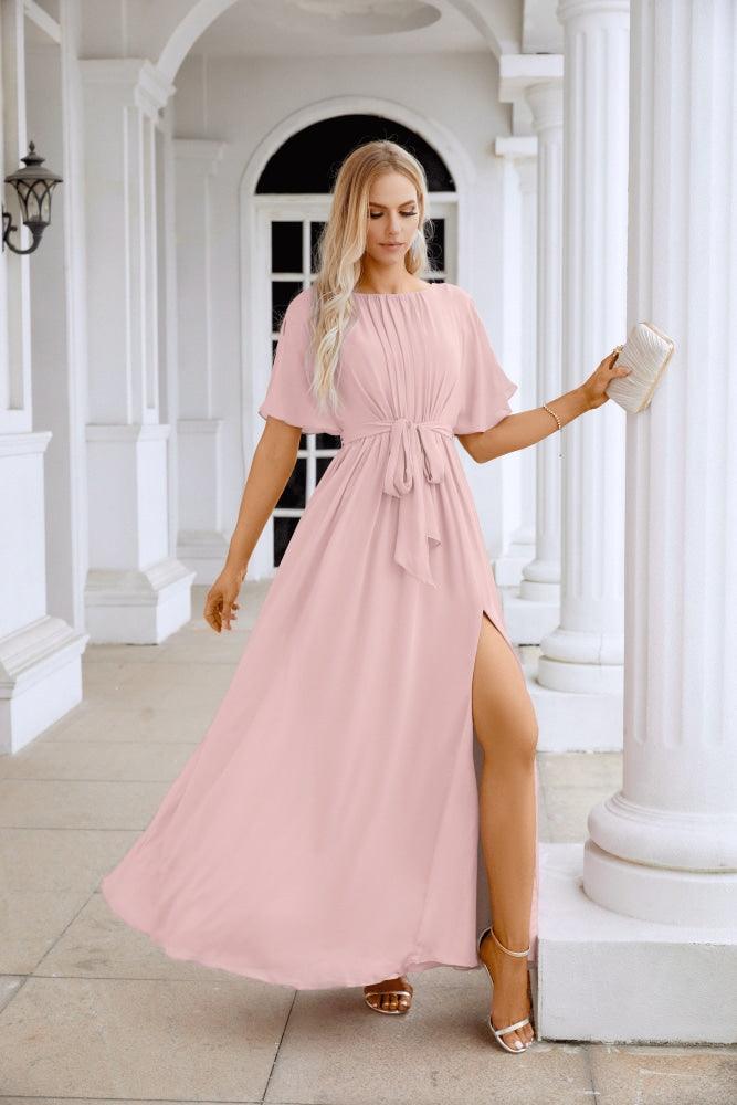 Ladies Chiffon Sleeve Crew Neck Front Slit Floor Length Bridesmaid Evening Dress Wedding Party Evening Dress 28124-numbersea