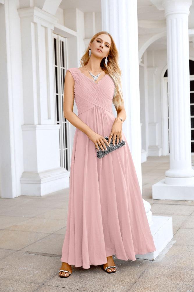 Ladies Chiffon V Neck Sleeveless Floor Length Bridesmaid Evening Dress Wedding Party Evening Dress 28126-numbersea