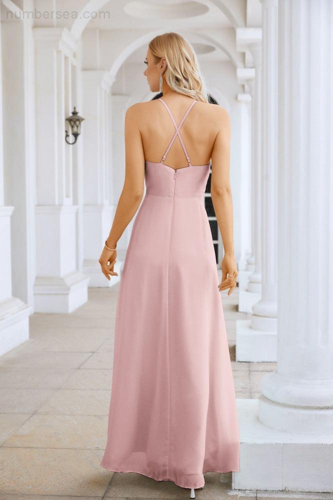Ladies Chiffon Spaghetti Strap V Neck Front Slit Floor Length Bridesmaid Evening Dress Prom Party Wedding Evening Dress 28116-numbersea