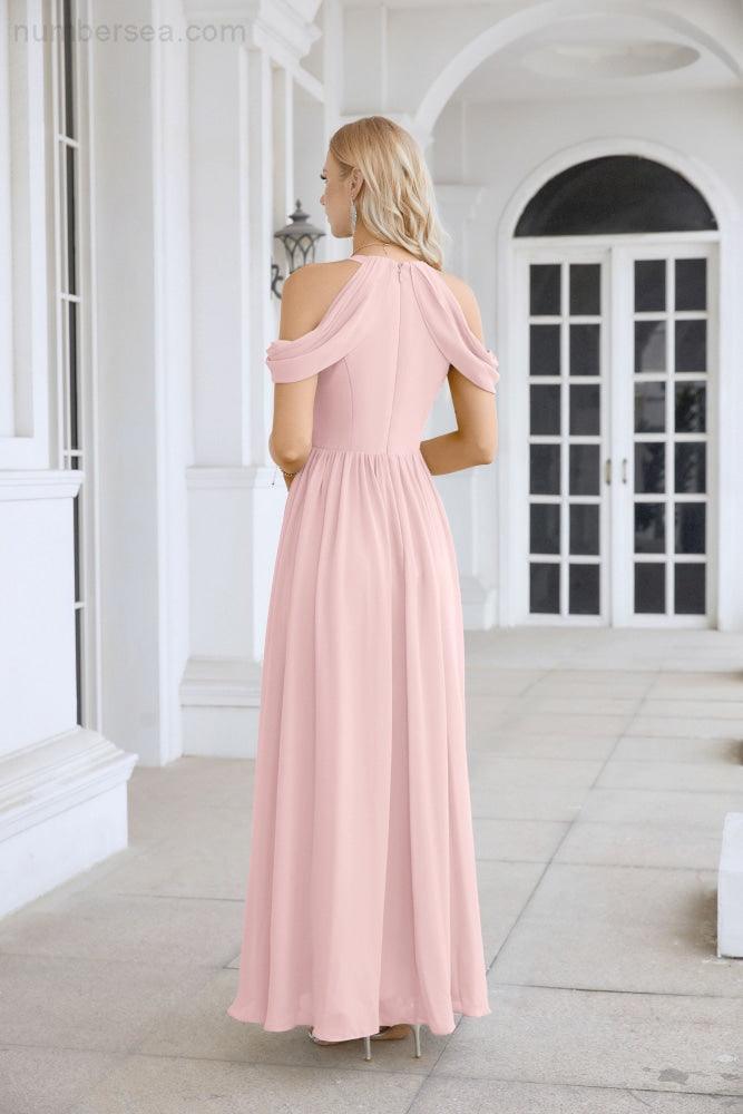 Ladies Chiffon Off Shoulder Swing Sleeve Front Slit Bridesmaid Evening Dress Wedding Party Evening Dress 28117-numbersea