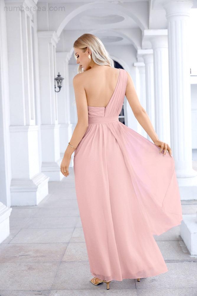 Ladies Chiffon One Shoulder Bridesmaid Evening Dress Wedding Party Evening Dress 28133-numbersea