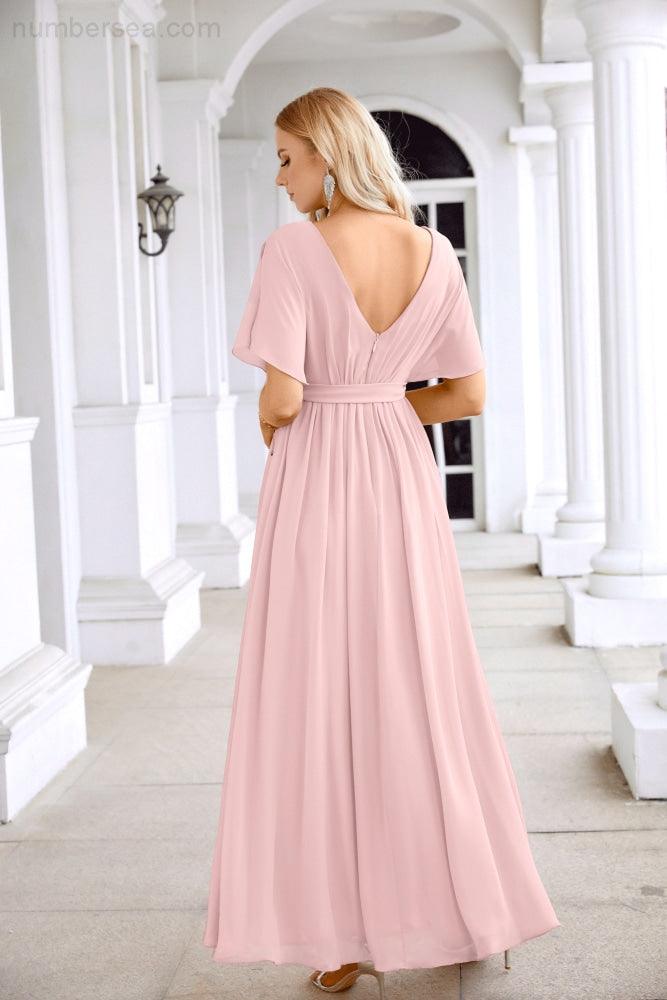 Ladies Chiffon Sleeve Crew Neck Front Slit Floor Length Bridesmaid Evening Dress Wedding Party Evening Dress 28124-numbersea