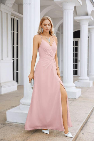 Ladies Chiffon Spaghetti Strap V Neck Front Slit Floor Length Bridesmaid Evening Dress Prom Party Wedding Evening Dress 28116-numbersea