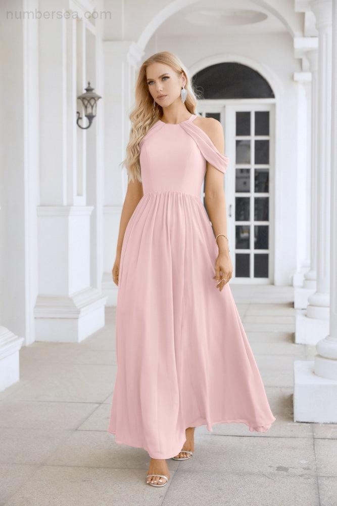 Ladies Chiffon Off Shoulder Swing Sleeve Front Slit Bridesmaid Evening Dress Wedding Party Evening Dress 28117-numbersea