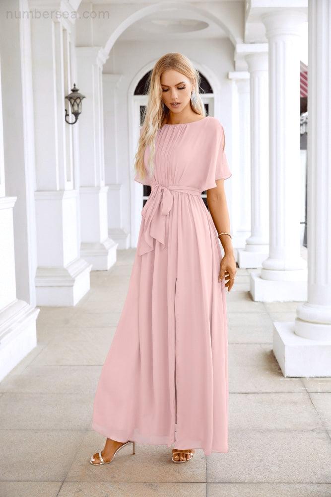 Ladies Chiffon Sleeve Crew Neck Front Slit Floor Length Bridesmaid Evening Dress Wedding Party Evening Dress 28124-numbersea