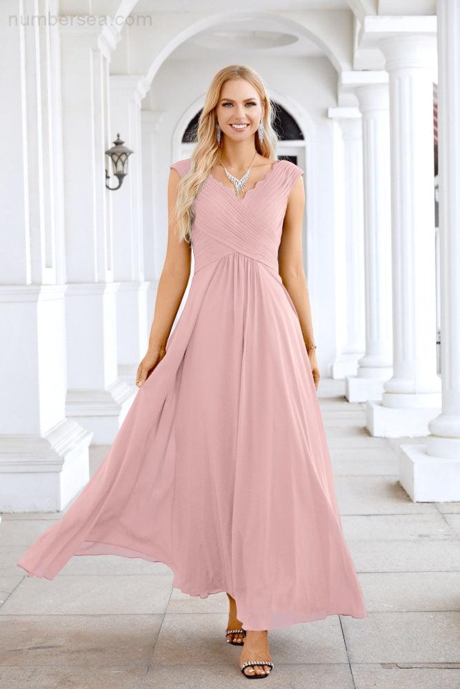 Ladies Chiffon V Neck Sleeveless Floor Length Bridesmaid Evening Dress Wedding Party Evening Dress 28126-numbersea