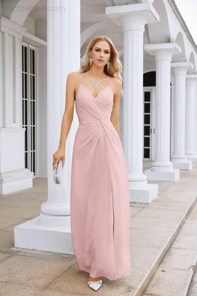 Ladies Chiffon Spaghetti Strap V Neck Front Slit Floor Length Bridesmaid Evening Dress Prom Party Wedding Evening Dress 28116-numbersea