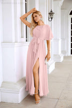 Ladies Chiffon Sleeve Crew Neck Front Slit Floor Length Bridesmaid Evening Dress Wedding Party Evening Dress 28124-numbersea