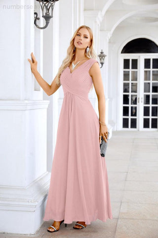 Ladies Chiffon V Neck Sleeveless Floor Length Bridesmaid Evening Dress Wedding Party Evening Dress 28126-numbersea