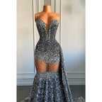 Vestido de fiesta de noche estilo sirena, sexy y atractivo, con lentejuelas, escote en V, sin mangas y volantes