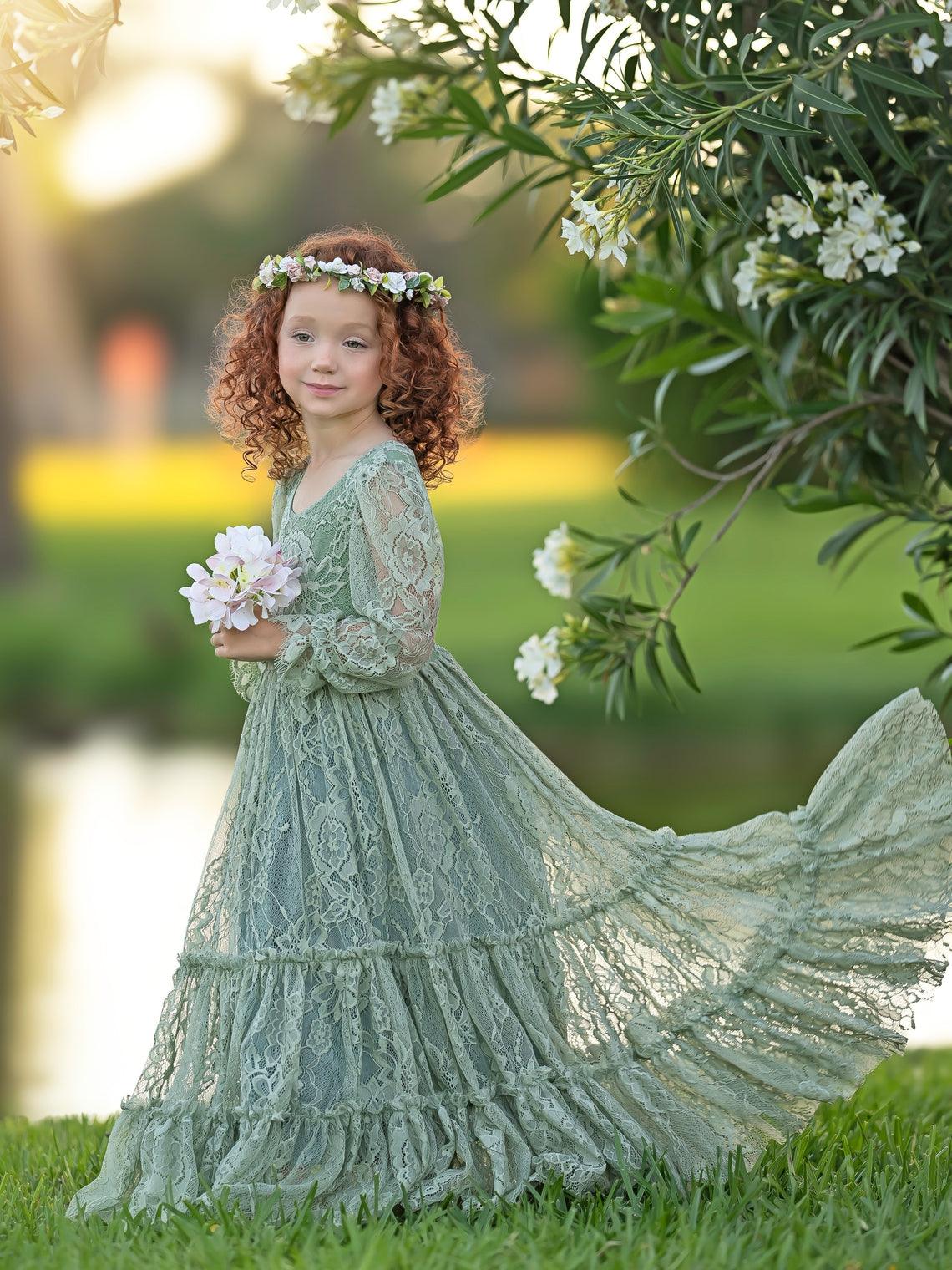 sage green ankle length dress LalaMira Short Sleeves Ankle-length Boho Flower Dress 228008 Sage Green / 2T