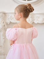 Vestido de tul para niña de las flores, largo hasta la rodilla, con mangas abullonadas y hombros descubiertos, apliques florales 3D 