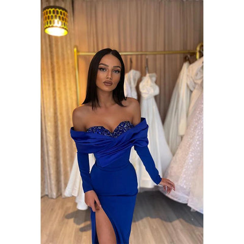 Sheath Sweetheart Long Sleeves Side Slit Long Formal Evening Gowns