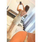 V-Neck Sequined Beaded Backless Tulle Long Prom Dress With Slit