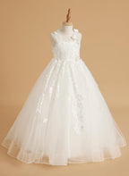 Vestido de princesa rosa para niña con apliques de encaje 