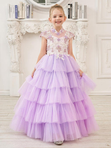 Lila Prinzessinnen-Ballkleid aus Tüll mit Blumenapplikationen und Perlen für Mädchen 