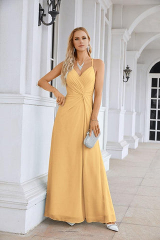 Ladies Chiffon Spaghetti Strap V Neck Front Slit Floor Length Bridesmaid Evening Dress Prom Party Wedding Evening Dress 28116-numbersea