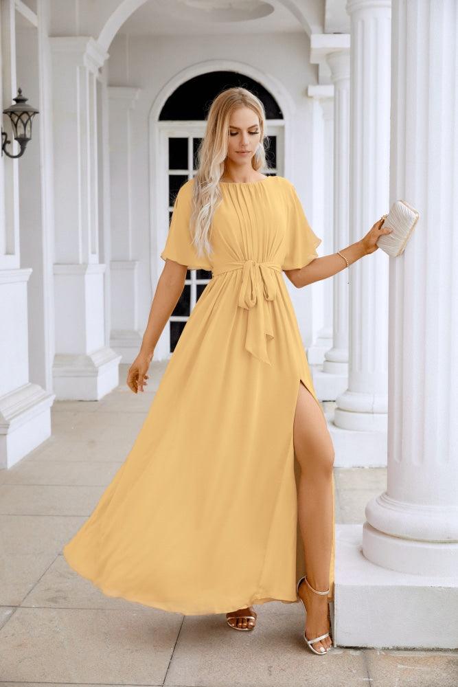 Ladies Chiffon Sleeve Crew Neck Front Slit Floor Length Bridesmaid Evening Dress Wedding Party Evening Dress 28124-numbersea