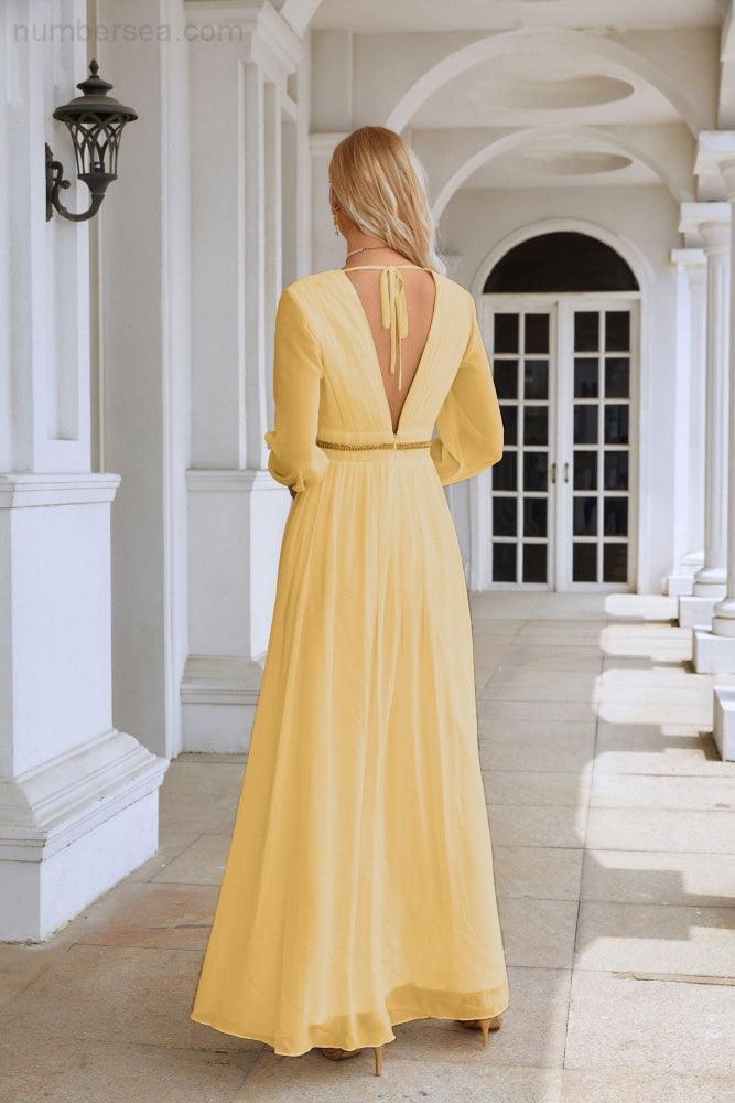 Ladies V Neck Chiffon Long Sleeve Front Slit Bridesmaid Evening Dress Wedding Party Shopping Evening Dress 28109-numbersea