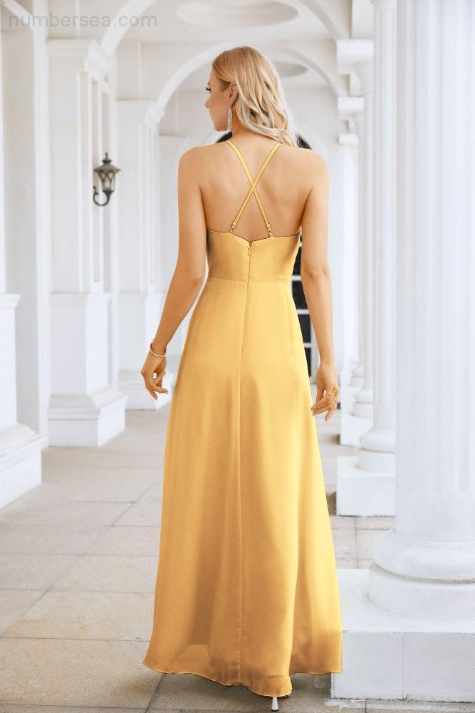 Ladies Chiffon Spaghetti Strap V Neck Front Slit Floor Length Bridesmaid Evening Dress Prom Party Wedding Evening Dress 28116-numbersea