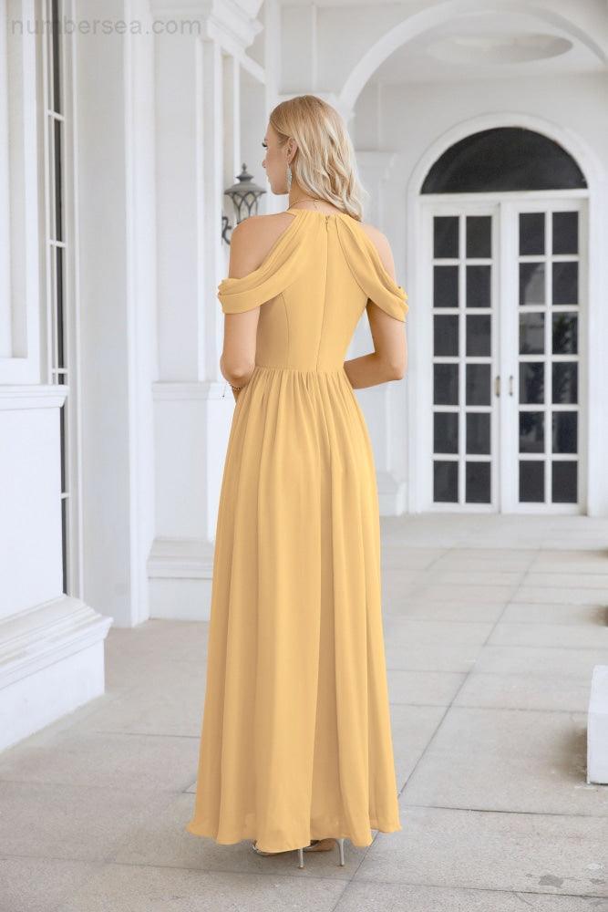 Ladies Chiffon Off Shoulder Swing Sleeve Front Slit Bridesmaid Evening Dress Wedding Party Evening Dress 28117-numbersea
