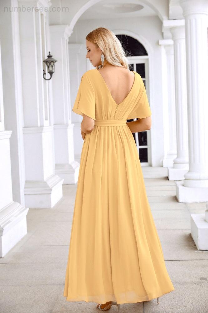 Ladies Chiffon Sleeve Crew Neck Front Slit Floor Length Bridesmaid Evening Dress Wedding Party Evening Dress 28124-numbersea